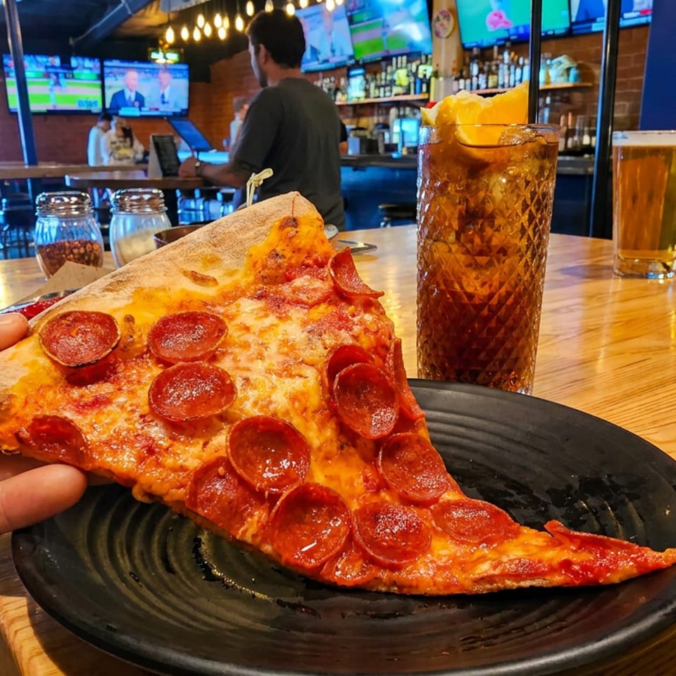 Hand holds a large pepperoni pizza slice over a black plate, with cocktails, beer, television screens, and bar seating in the background.