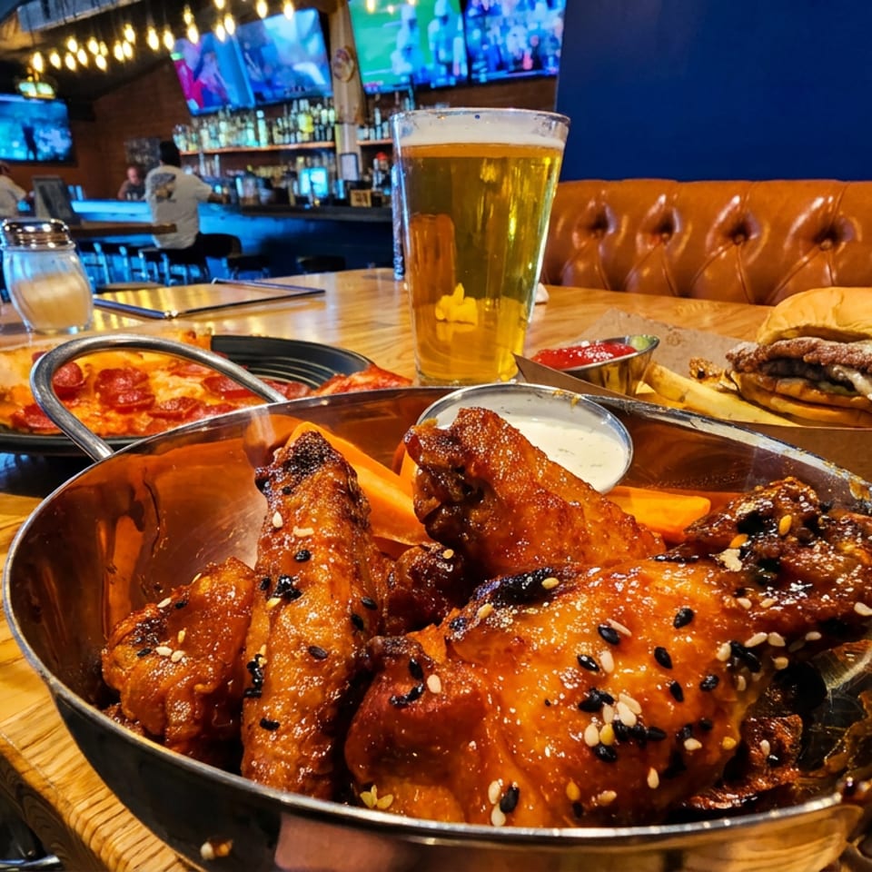 Glazed sesame chicken wings, burger, pizza, dipping sauces, and beer served on a wooden table in a lively sports bar.